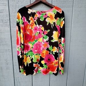 Lauren Ralph Lauren Vibrant Floral Black Knit Boat Neck Sweater size PS